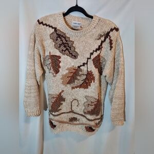 Cabin Creek Vintage Autumn Leaf Knit Sweater With Wood Bead Accents